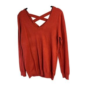 Womens Red Orange Sweater V Neck Long Sleeve Criss Cross Back Casual